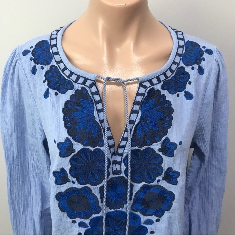 Boden Allegra Embroidered Blue Top Size 10 Tassel Tie - Picture 3 of 6